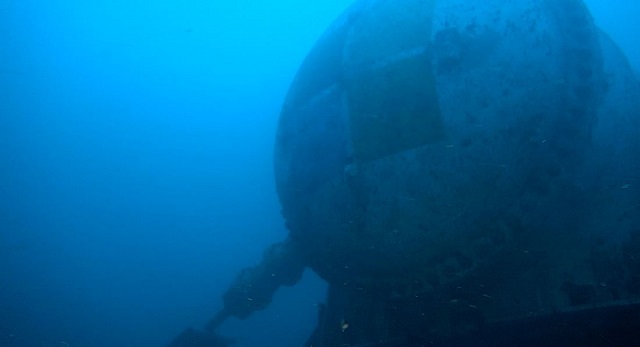 The pressure vessel at the bottom of the ocean during deployment as seen from a survey ROV